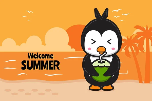 夏の挨拶バナー漫画のベクトルアイコンイラストとかわいいペンギンドリンクココナッツ オレンジで隔離されたデザイン 平漫画風 — ストックベクタ