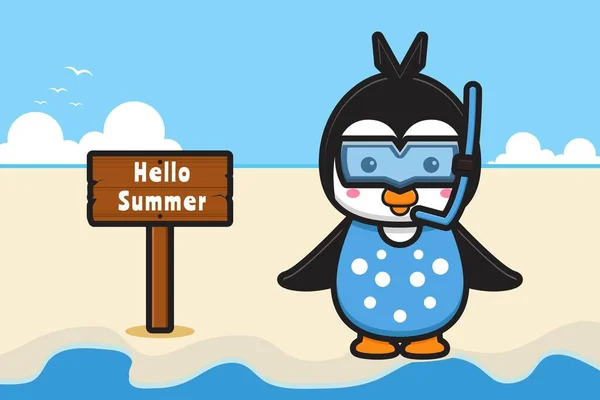 夏の挨拶バナー漫画のベクトルアイコンイラストとゴーグルを身に着けてかわいいペンギン 青色で隔離されたデザイン 平漫画風 — ストックベクタ
