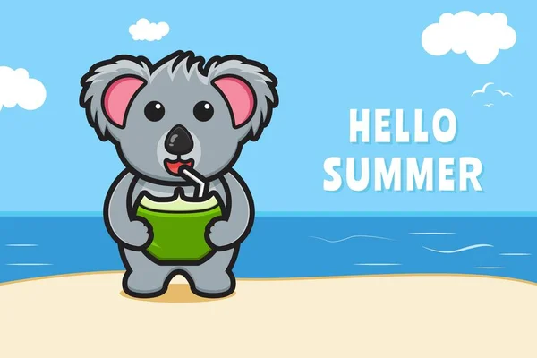 Niedliche Koala Trinken Kokosnuss Mit Einem Sommerlichen Gruß Banner Cartoon — Stockvektor