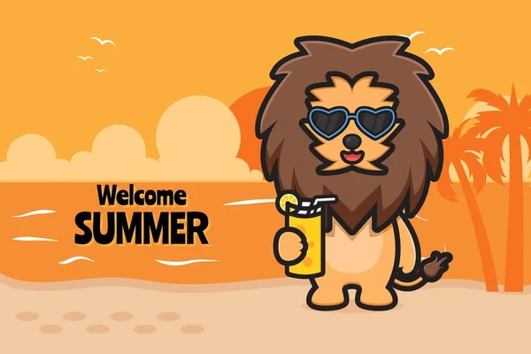 夏のグリーティングバナー漫画のベクトルアイコンイラストとオレンジジュースを保持かわいいライオン オレンジ色の黄色で隔離されたデザイン 平漫画風 — ストックベクタ