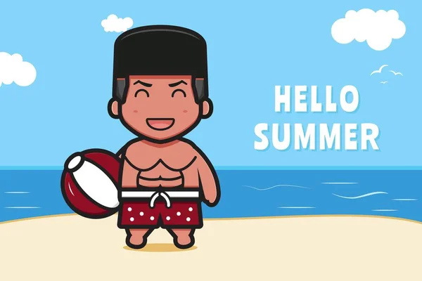 Cute Boy Holding Ball Summer Greeting Banner Cartoon Vector Icon — Stock Vector