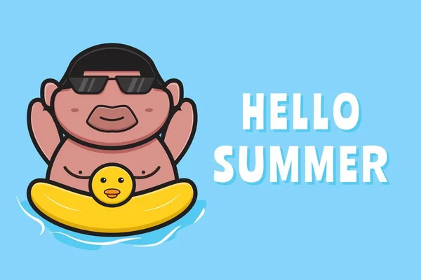 Cute Fat Boy Swimming Swimming Ring Summer Greeting Banner Cartoon — Stock Vector