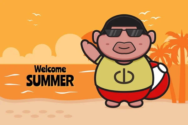 夏の挨拶バナー漫画のベクトルアイコンイラストとかわいい太った男の子保持ボール オレンジ色の黄色で隔離されたデザイン 平漫画風 — ストックベクタ