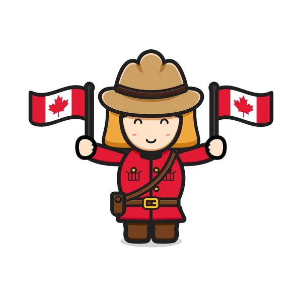 Carino Personaggio Ragazza Celebrato Canada Day Cartone Animato Vettoriale Icona — Vettoriale Stock