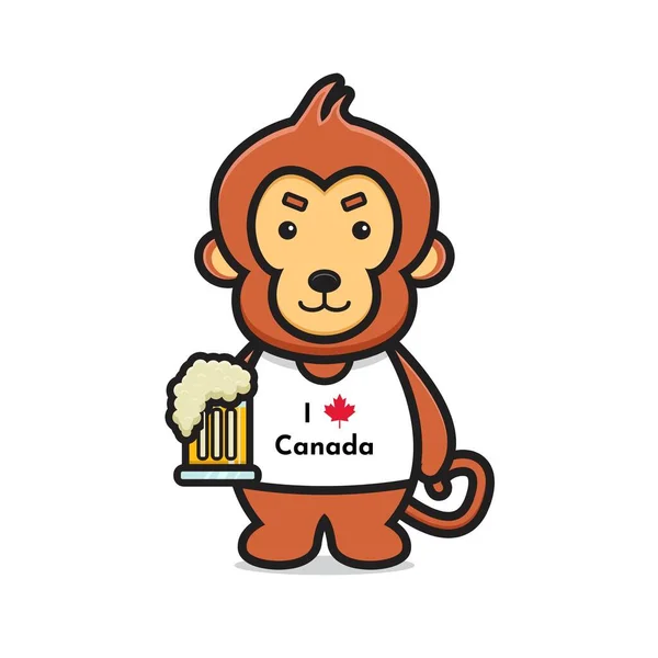 Carino Personaggio Scimmia Celebrato Canada Day Cartone Animato Vettoriale Icona — Vettoriale Stock