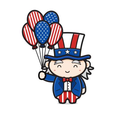 Cute uncle sam holding balloon celebrate america independence day cartoon icon vector illustration. Design isolated on white. Flat cartoon style. vector