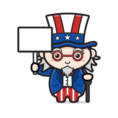Cute uncle sam holding blank text celebrate america independence day cartoon icon vector illustration. Design isolated on white. Flat cartoon style. vector