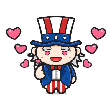 Cute uncle sam with finger love pose celebrate america independence day cartoon icon vector illustration. Design isolated on white. Flat cartoon style. vector