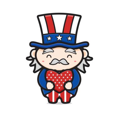 Cute uncle sam hug love celebrate america independence day cartoon icon vector illustration. Design isolated on white. Flat cartoon style. vector