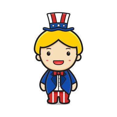 Cute boy wearing uncle sam costume celebrate america independence day cartoon icon vector illustration. Design isolated on white. Flat cartoon style. vector