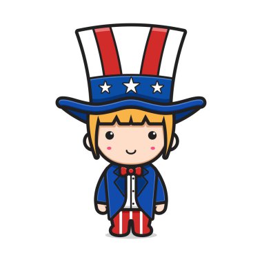 Sam Amca kostümü giyen tatlı kız Amerika 'nın bağımsızlık gününü karikatür ikonu vektör illüstrasyonuyla kutluyor. Tasarım beyazda izole edildi. Düz çizgi film biçimi.