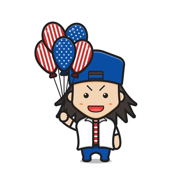 風船を持つかわいい男の子は アメリカ独立記念日の漫画のアイコンのベクトルイラストを祝います 白を基調としたデザイン 平漫画風 — ストックベクタ