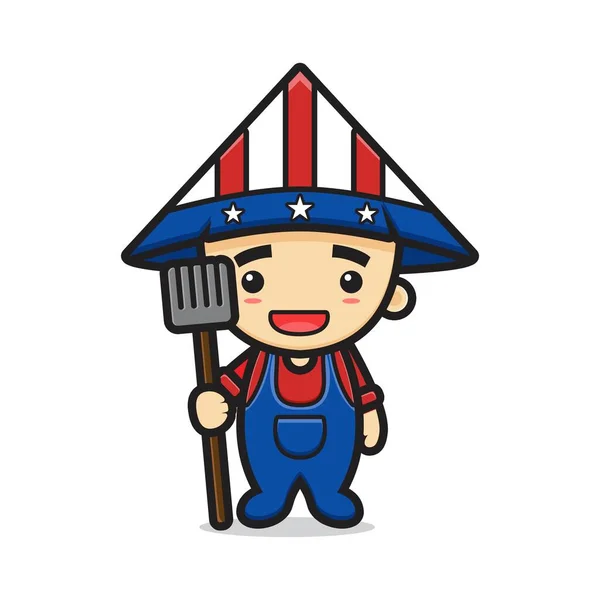 Mignon Personnage Agriculteur Célébrer Amérique Indépendance Jour Dessin Animé Icône — Image vectorielle