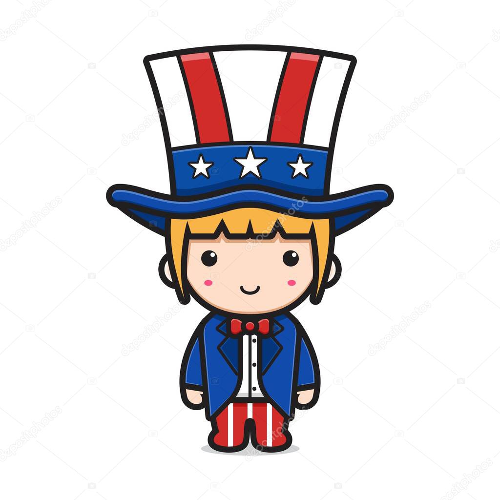 Cute girl wearing uncle sam costume celebrate america independence day cartoon icon vector illustration. Design isolated on white. Flat cartoon style.