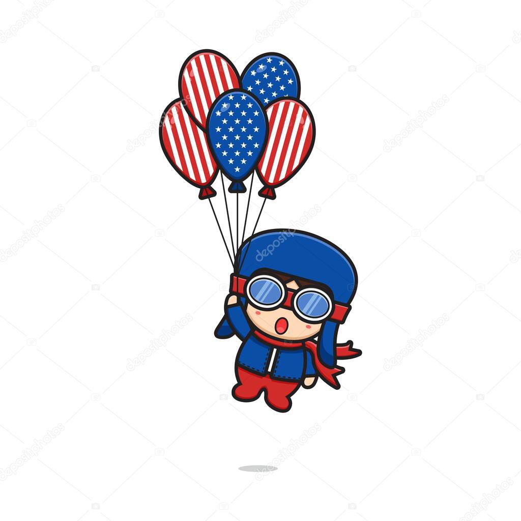 Cute pilot flying with balloon celebrate america independence day cartoon icon vector illustration. Design isolated on white. Flat cartoon style.