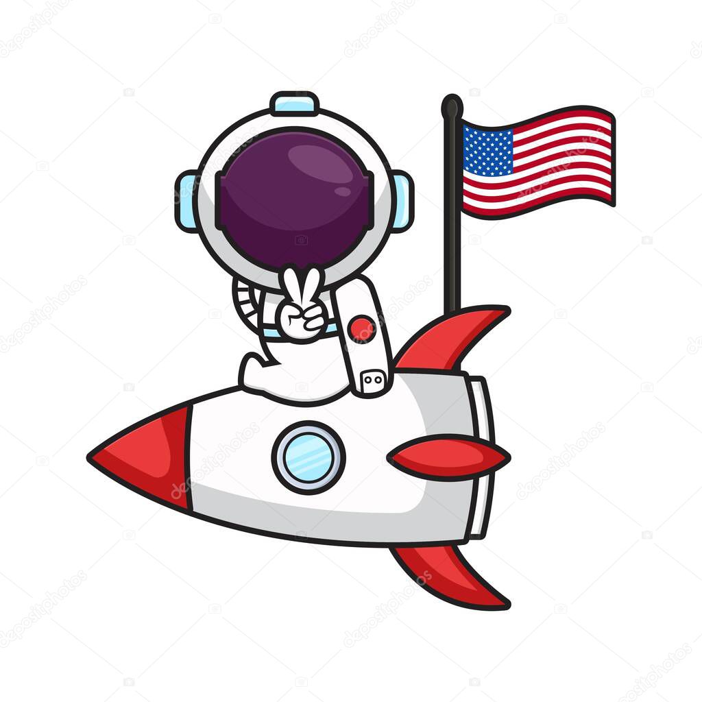 Cute astronaut sit on the rocket celebrate america independence day cartoon icon vector illustration.Design isolated on white. Flat cartoon style.