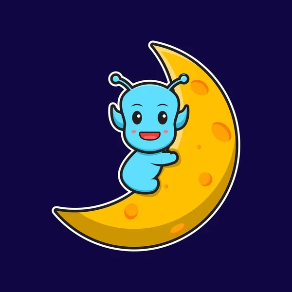 Cute Alien Sit Moon Cartoon Vector Icon Illustration Design Isolated — Vector de stock