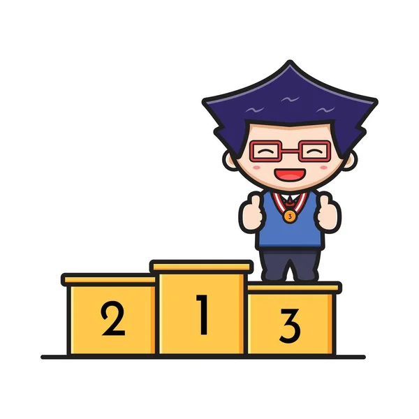 Cute Boy Student Standing Podium Rank Three Cartoon Icon Vector — Image vectorielle