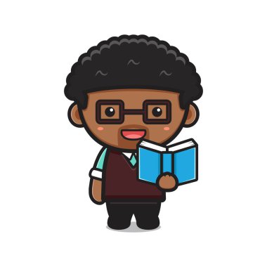 Cute teacher reading book cartoon vector icon illustration. Design isolated on white. Flat cartoon style.