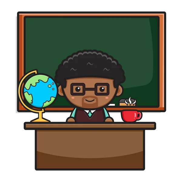 Cute Teacher Sitting Classroom Chalkboard Cartoon Icon Illustration Design Isolated — 스톡 벡터