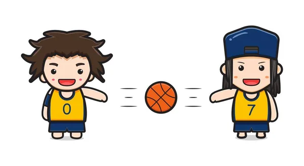 Cute Boy Playing Basketball Cartoon Icon Illustration Design Isolated Flat — Stock Vector