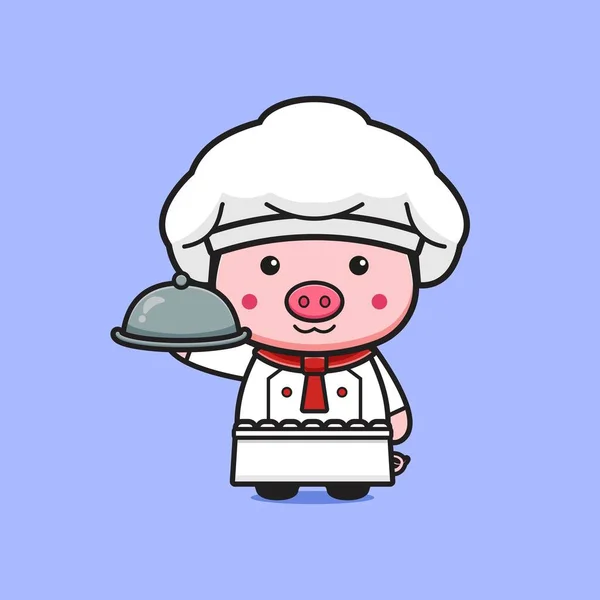 Chef Porc Mignon Tenant Dessin Animé Icône Illustration Design Isolé — Image vectorielle