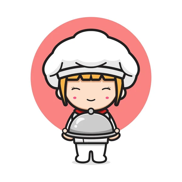 Cute Chef Holding Plate Cartoon Icon Illustration Design Isolated Flat — Stock Vector