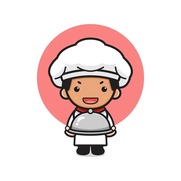 Lindo Chef Sosteniendo Placa Ilustración Icono Dibujos Animados Diseño Aislado — Vector de stock