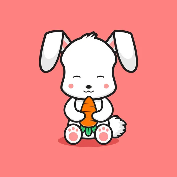 Милий Кролик Сидить Тримаючи Іконку Морквини Мультфільму Дизайн Ізольований Стиль — стоковий вектор