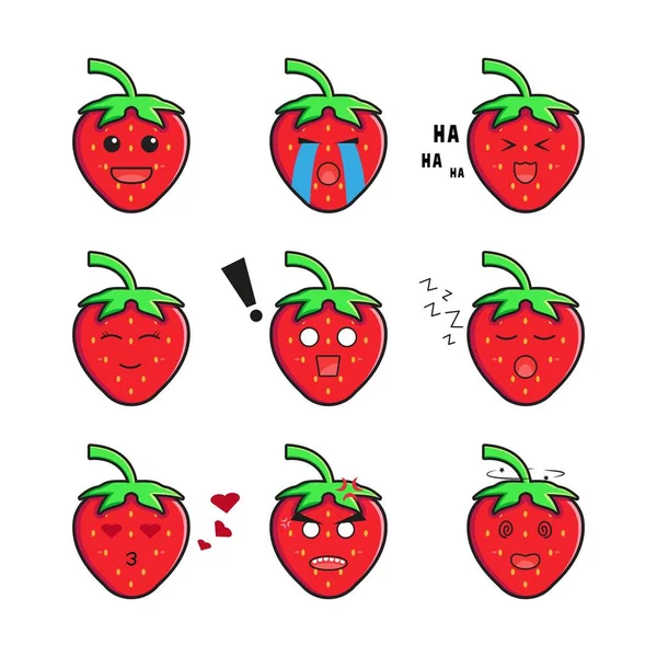 Ορισμός Συλλογής Χαριτωμένο Εικονίδιο Εικονίδιο Emoticon Φράουλα Σχεδιασμός Απομονωμένης Επίπεδης — Διανυσματικό Αρχείο