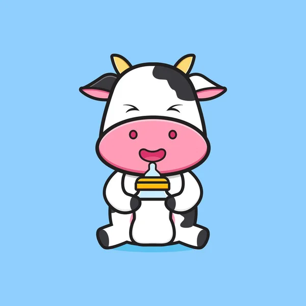 Linda Vaca Sosteniendo Leche Botella Chupete Dibujo Animado Icono Ilustración — Vector de stock