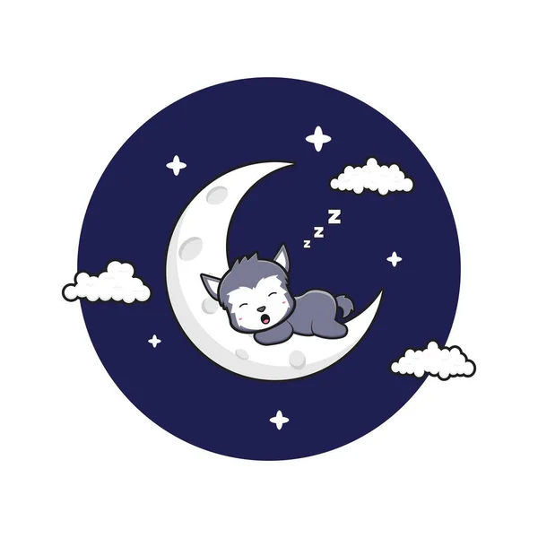 Niedlichen Wolf Schlafen Auf Dem Halbmond Cartoon Symbol Illustration Design — Stockvektor