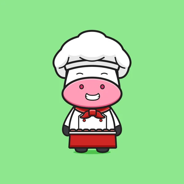 Mascotte Chef Vache Mignon Dessin Animé Icône Illustration Design Isolé — Image vectorielle