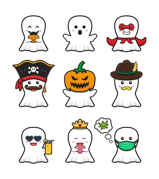 Set Collezione Simpatico Fantasma Halloween Icona Del Cartone Animato Illustrazione — Vettoriale Stock