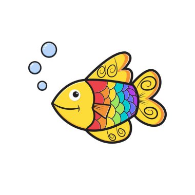 Şirin renkli balık karakteri çizgi film ikonu çizimi. İzole edilmiş düz çizgi film biçimi tasarla