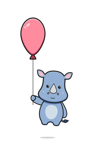 Niedliche Nashorn Hält Luftballon Cartoon Symbol Illustration Design Isoliert Flachen — Stockvektor