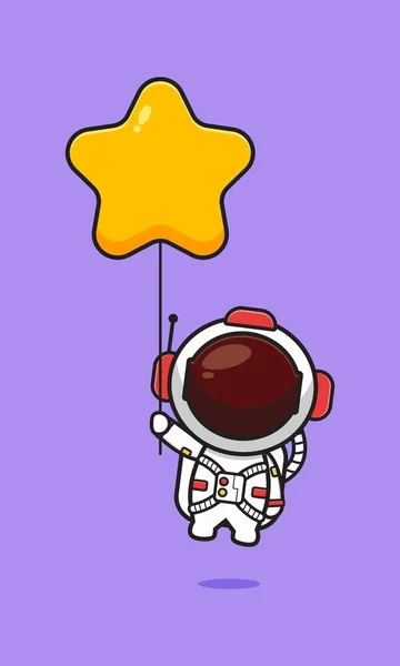 星の風船漫画のアイコンイラストを持つかわいい宇宙飛行士 デザイン隔離されたフラット漫画スタイル — ストックベクタ