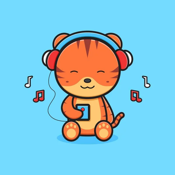 Cute Tiger Listening Music Headphone Cartoon Icon Illustration Design Isolated — Stock Vector