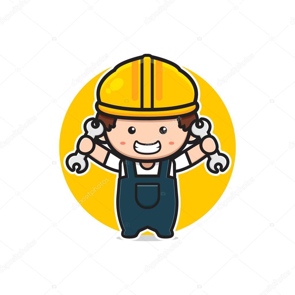 Cute engineer holding wrench cartoon icon illustration. Design isolated flat cartoon style