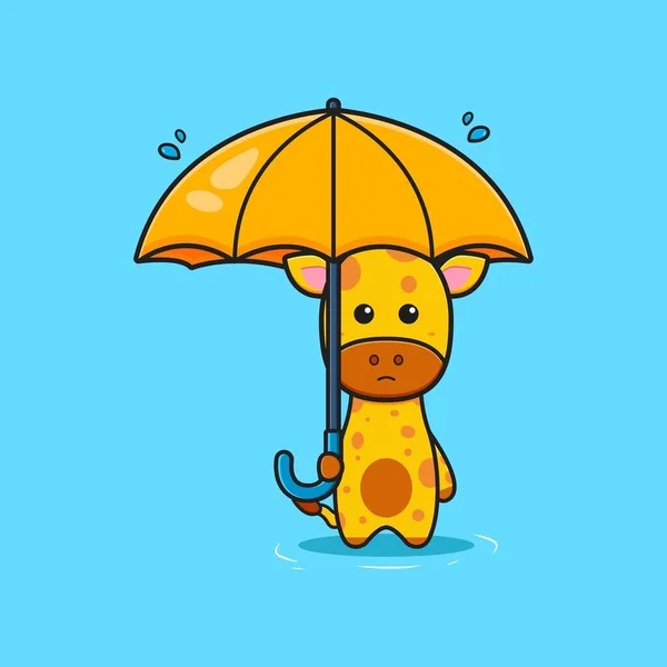 Cute Giraffe Holding Umbrella Alone Rain Cartoon Icon Illustration Design — Stock Vector