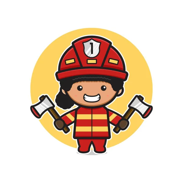 Mignon Pompier Tenant Deux Axes Dessin Animé Icône Illustration Design — Image vectorielle
