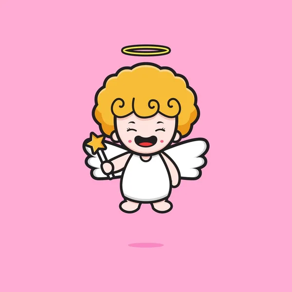 Ángel Lindo Sosteniendo Ilustración Icono Dibujos Animados Palo Hadas Diseño — Vector de stock