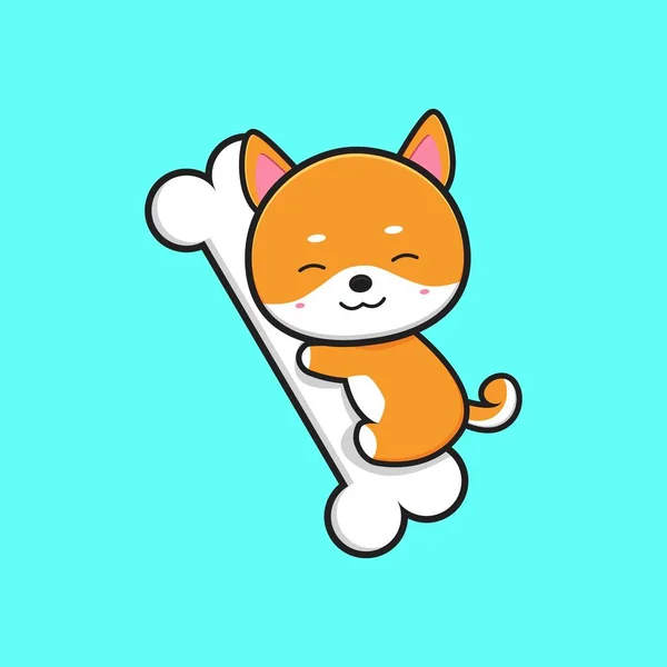 Abraço Shiba Inu Bonito Ilustração Ícone Desenho Animado Osso Design — Vetor de Stock