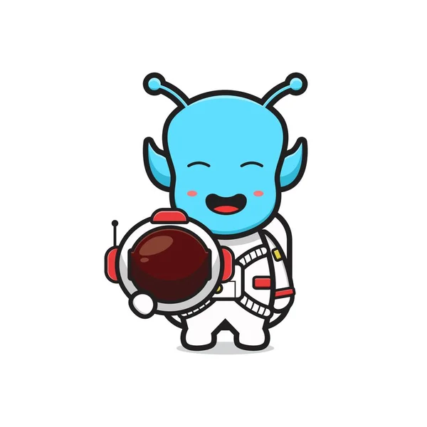 Cute Alien Wearing Astronaut Suit Cartoon Icon Illustration Design Isolated — Stock Vector