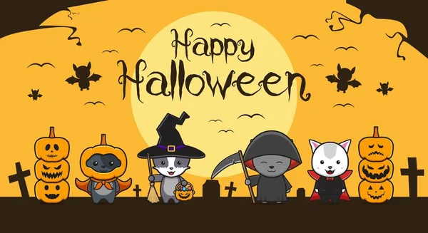 Carino Gatto Indossa Halloween Cosplay Sfondo Cartone Animato Icona Illustrazione — Vettoriale Stock