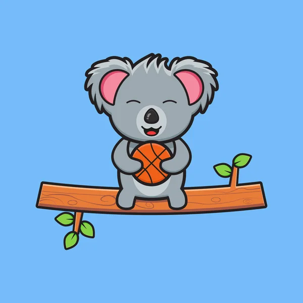 Leuke Koala Zitten Tak Met Basketbal Cartoon Pictogram Illustratie Ontwerp — Stockvector