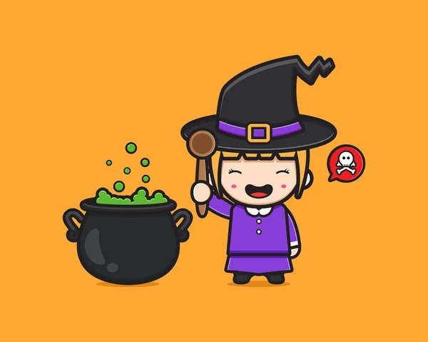 Cute Witch Cooking Poison Cartoon Icon Illustration Design Isolated Flat — Stock Vector