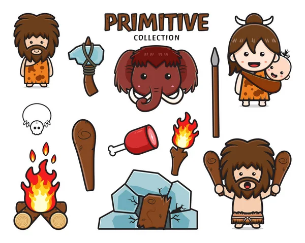 Conjunto Coleção Bonito Primitivo Caveman Desenho Animado Ícone Clipart Ilustração — Vetor de Stock