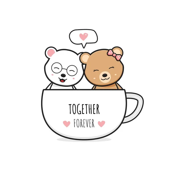 Bonito Casal Urso Uma Xícara Café Desenho Animado Doodle Cartão —  Vetores de Stock