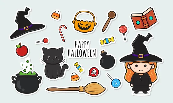 Set Kolekce Roztomilé Čarodějnice Halloween Samolepky Objektem Kreslené Doodle Klip — Stockový vektor